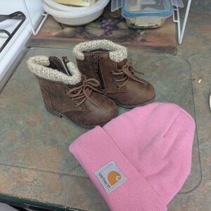 Carhartt Brown Baby Boots and Pink Beanie Set